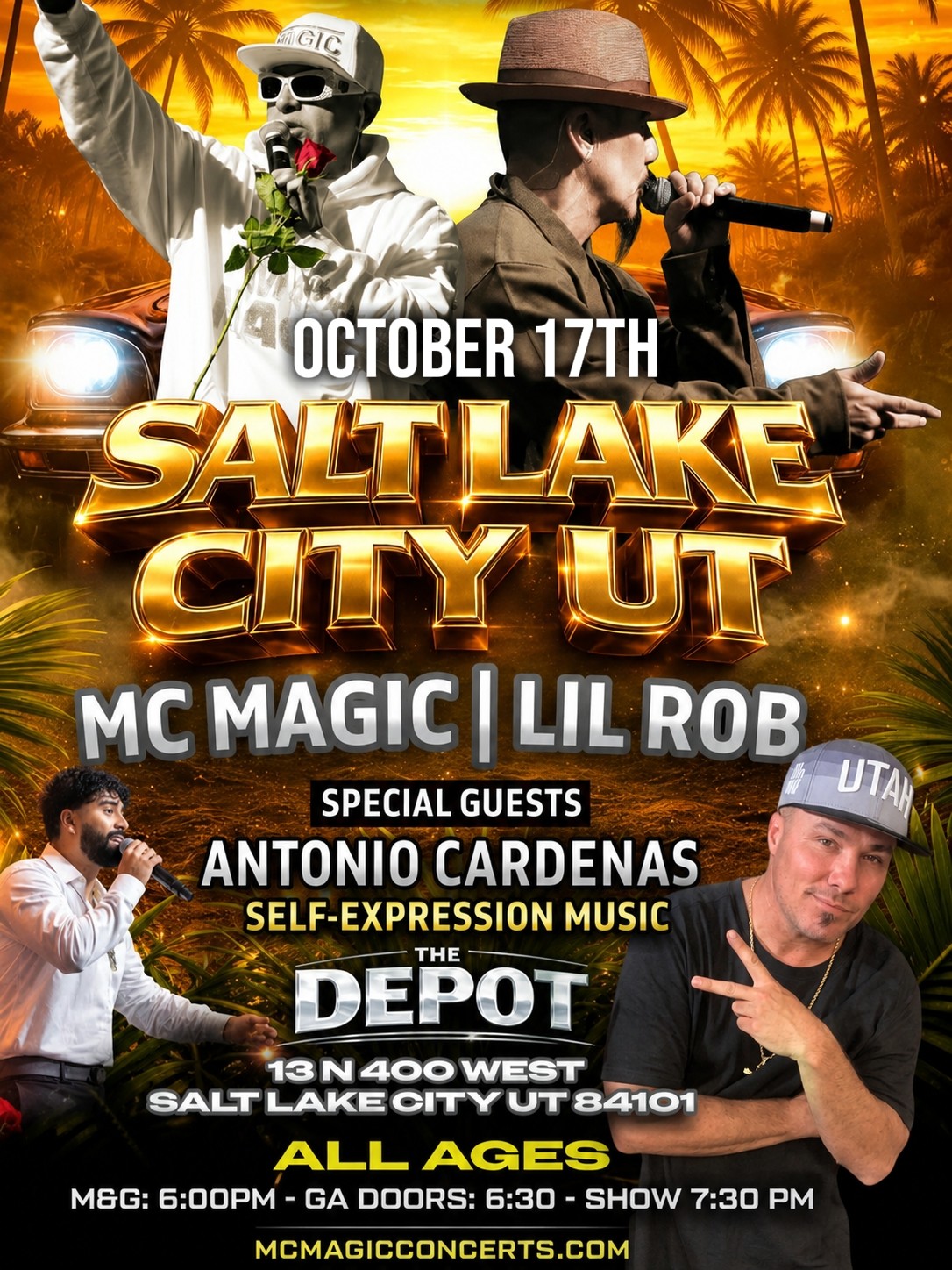 Two people with sunglasses and hats, one holding a microphone, with palm trees and sunset background, event details below.