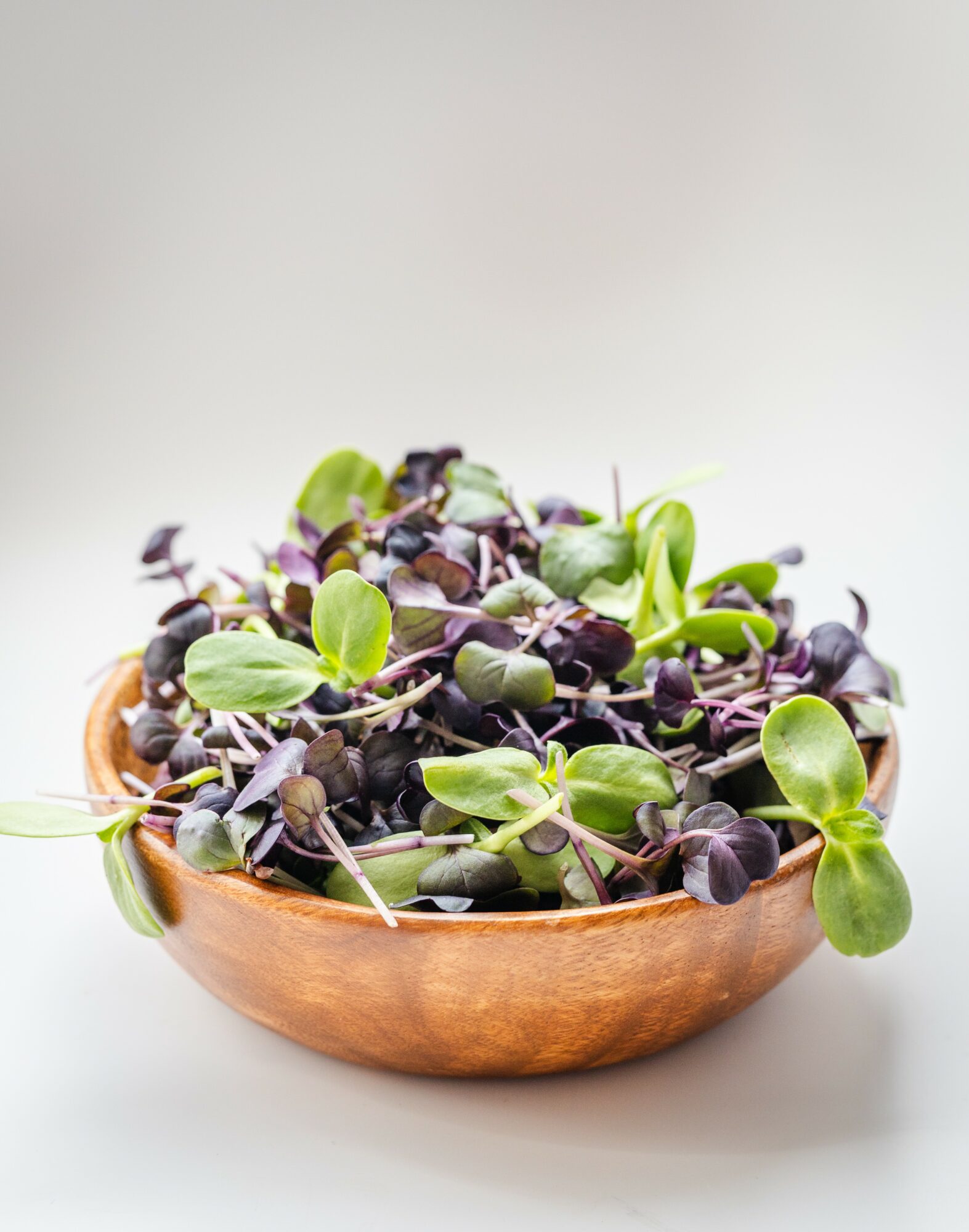 Wooden bowl filled with green and purple microgreens on a light background.