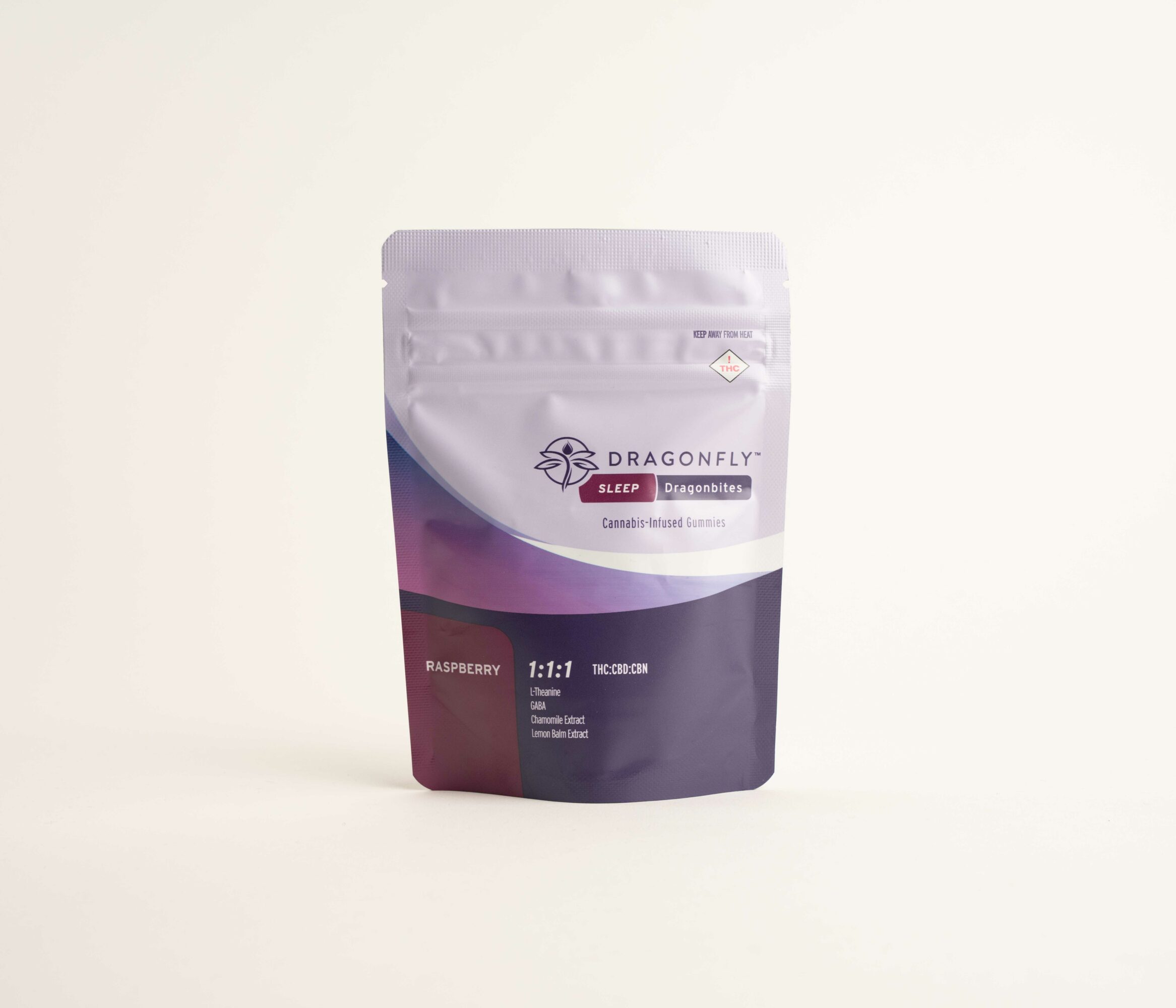 Purple and white resealable bag with Dragonfly logo and text, standing upright on a plain background.