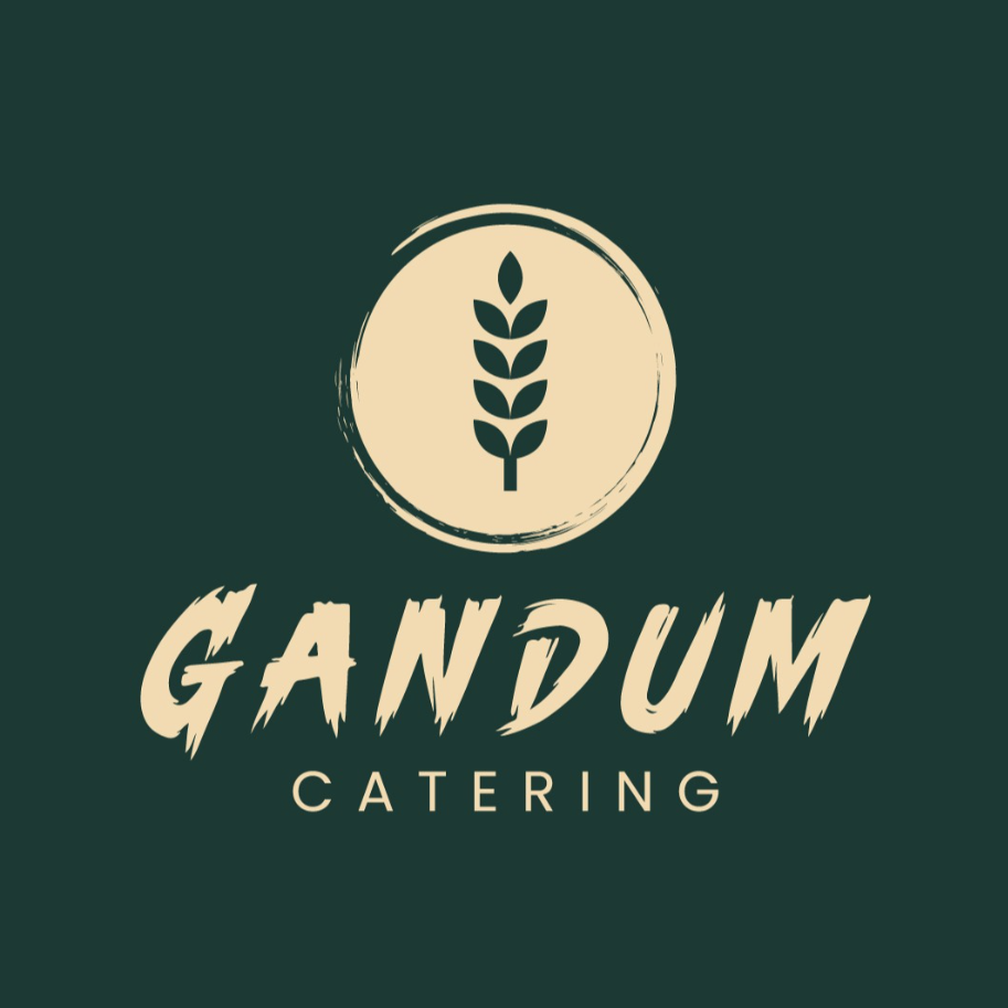 Logo with a wheat symbol inside a circle, text 'GANDUM' in bold, and 'CATERING' below, on a dark background.