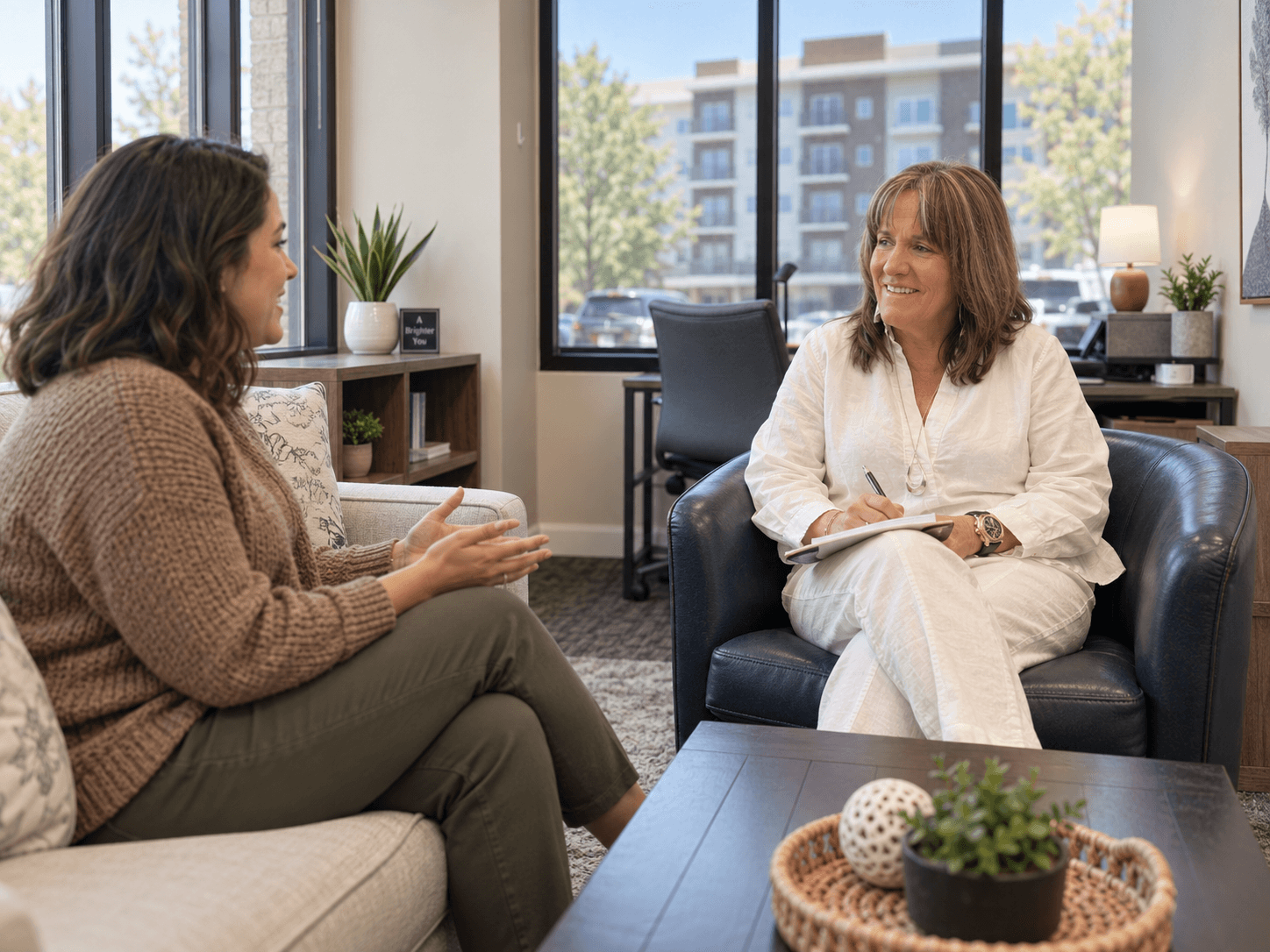 Two women sit and talk in a bright room with large windows, plants, and a city view, engaging in conversation.