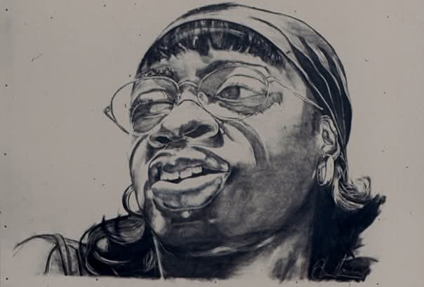 A detailed black and white portrait of a person wearing glasses and a head covering, smiling slightly.
