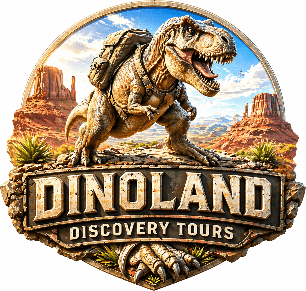 A dinosaur with a backpack standing on a rocky landscape with mesas and a blue sky, promoting Dinoland Discovery Tours.