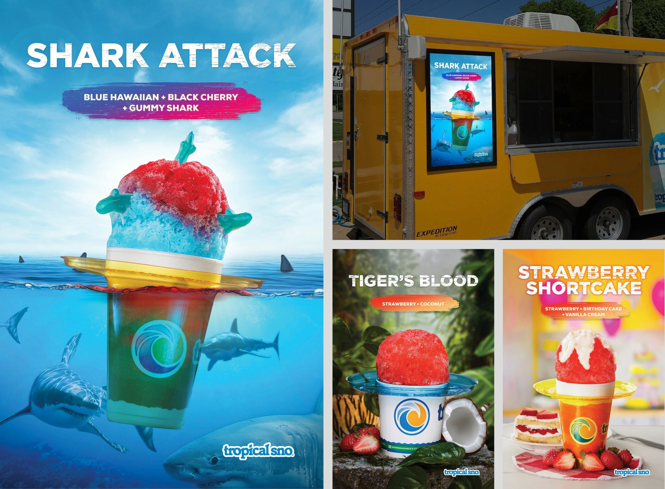 Four images of ice cream treats with shark and strawberry themes, including a shark attack, tiger's blood, and strawberry shortcake.