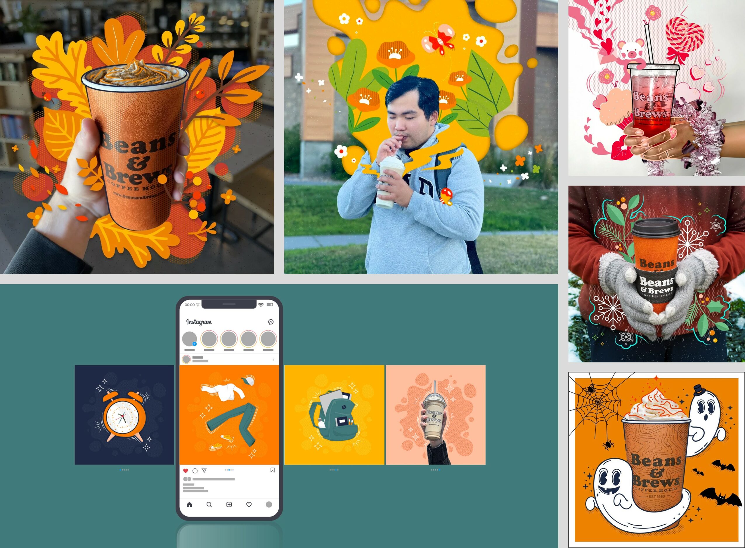 Collage of six images: coffee cup with autumn leaves, person with phone outdoors, pink drink with flowers, hands holding coffee with heart, phone screen with app, ghost and pumpkin decorations.