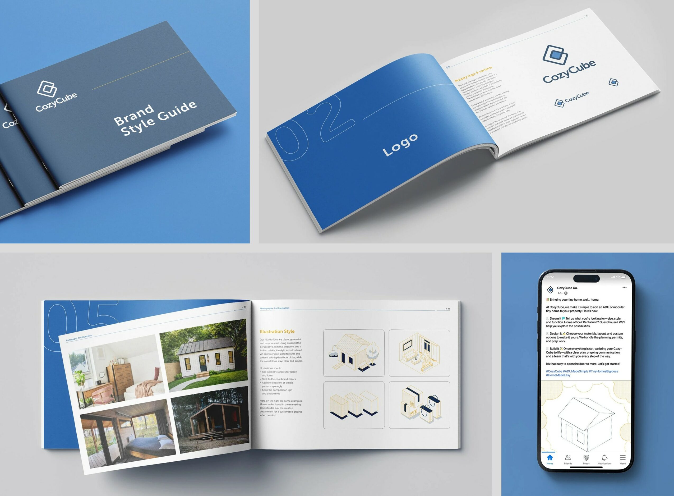 Four images of open booklets and a smartphone displaying a document, with blue and white color schemes.