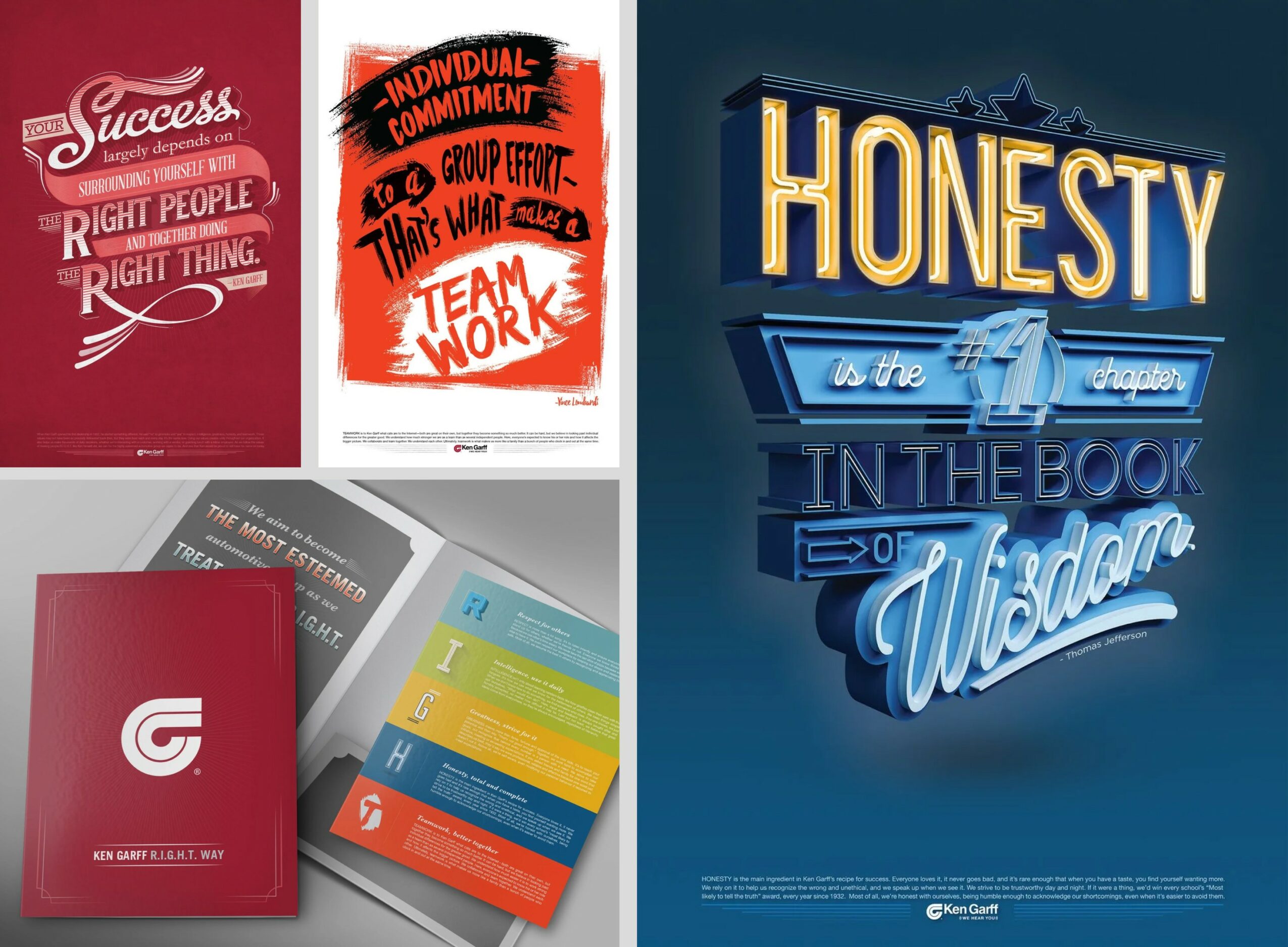 Collection of motivational posters and books with themes of success, teamwork, honesty, and wisdom, displayed on a wall and table.