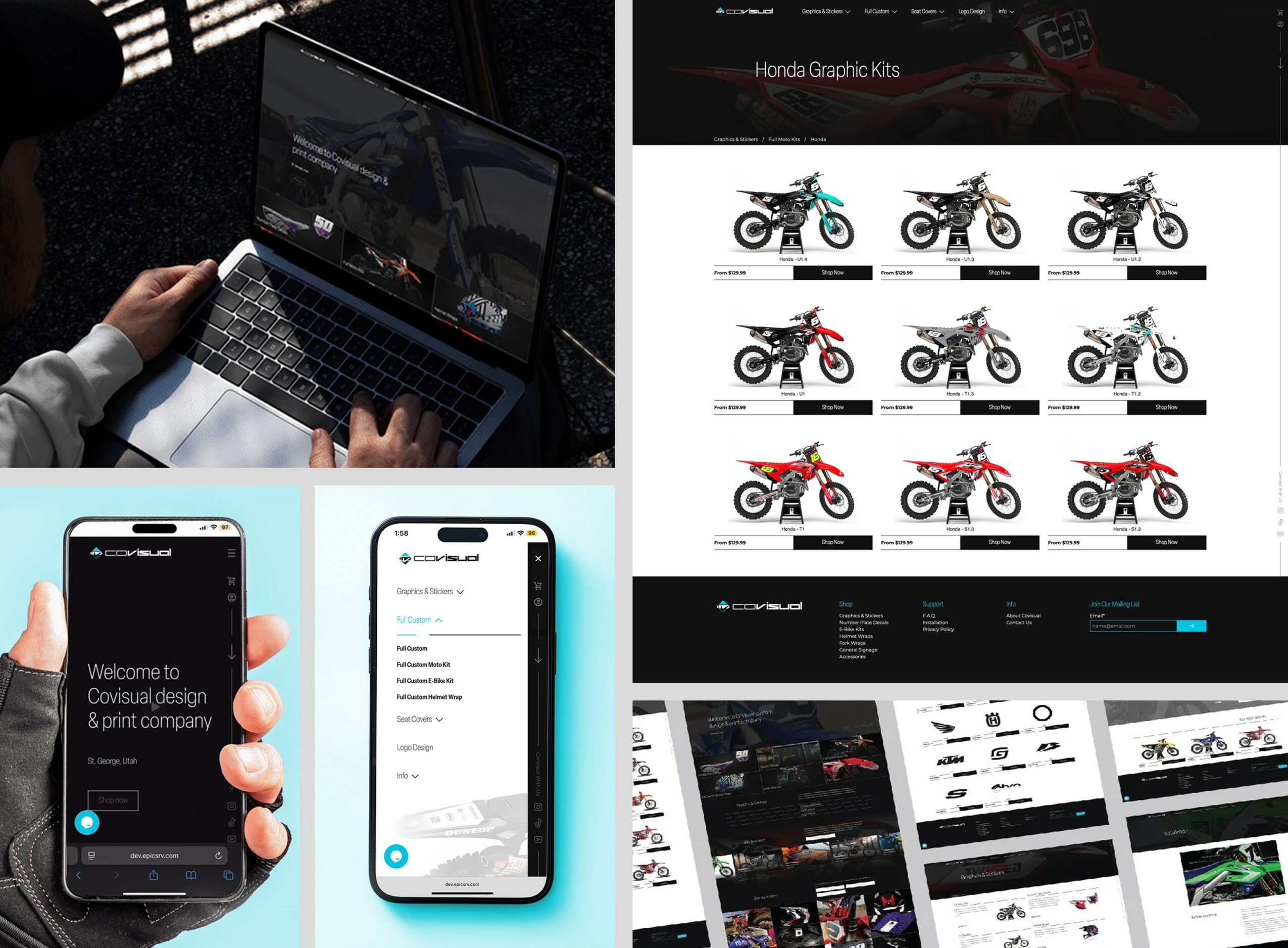 Person using a laptop, two smartphones displaying app screens, and a website with motorcycle images and design elements.