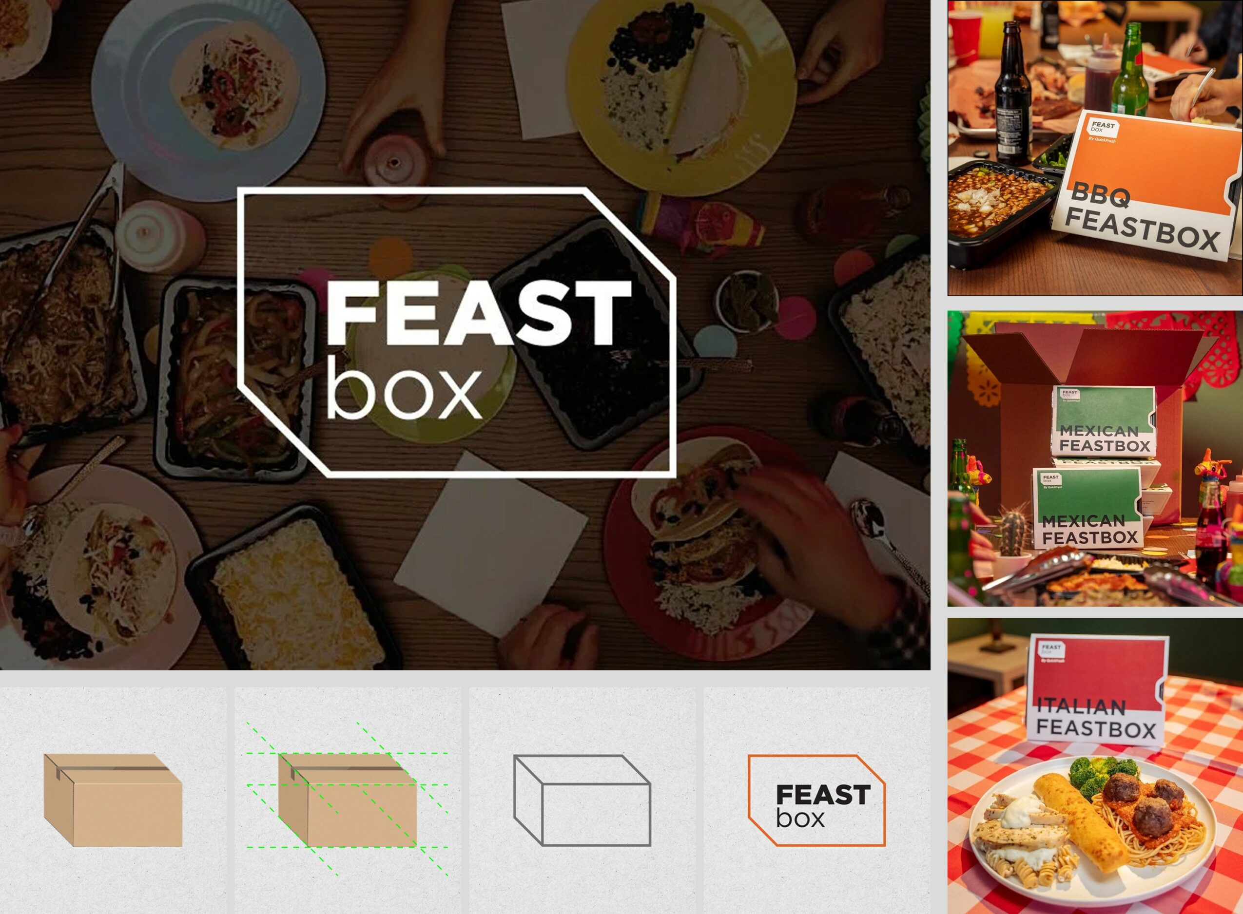 Group of people sharing food with boxes and plates on a table, with a logo reading 'FEAST box'.
