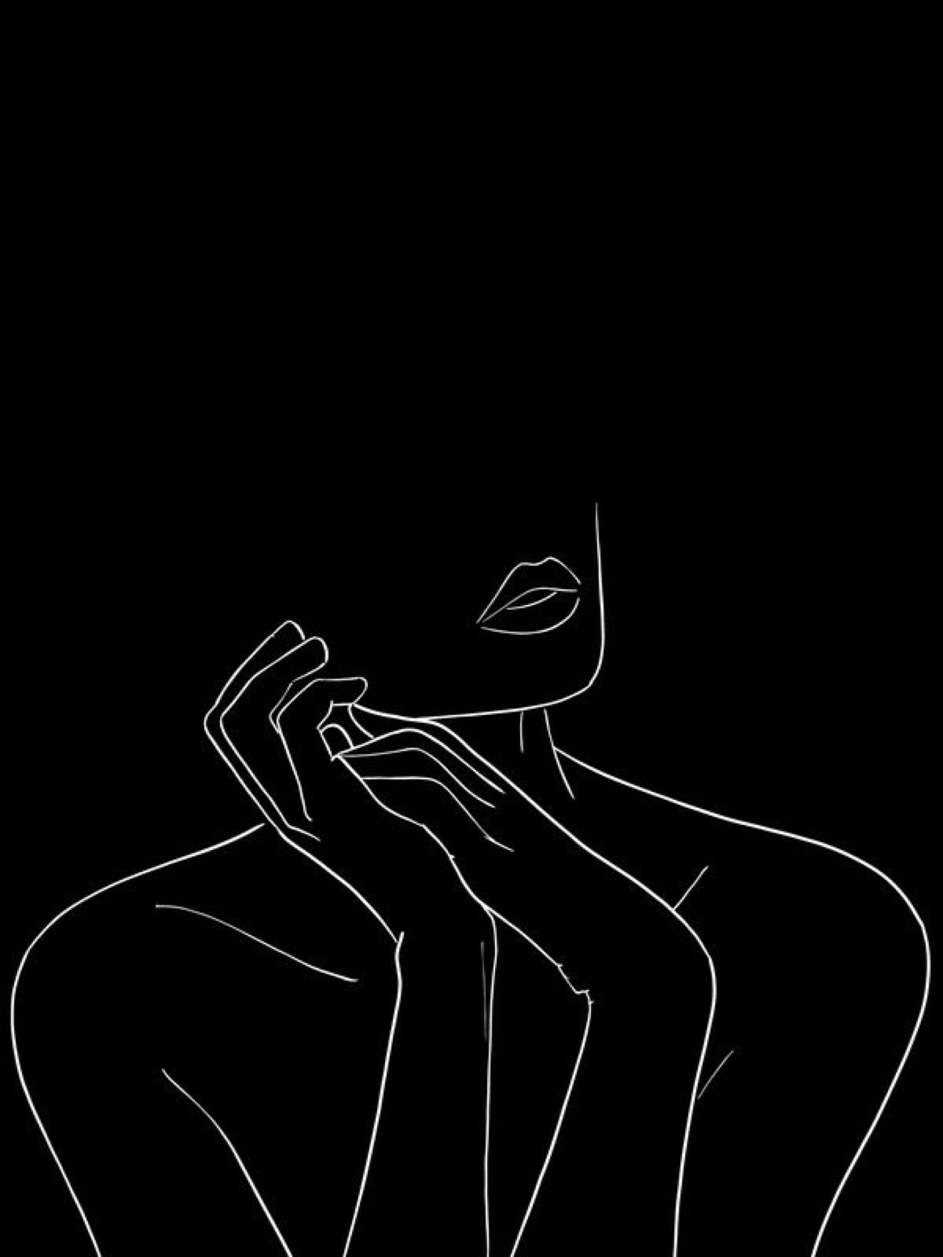 Line drawing of a woman with lips touching her fingers, face partially visible, black background.