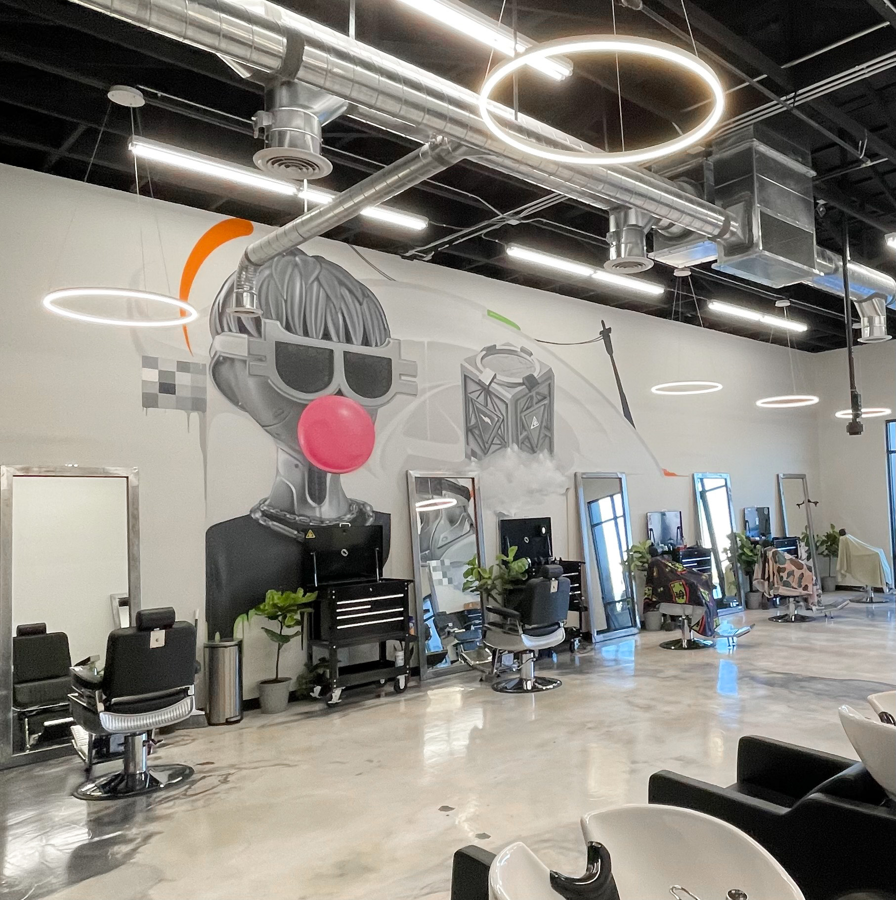 Salon with large wall mural of a person with sunglasses and a pink nose, salon chairs, mirrors, and plants, modern lighting fixtures.