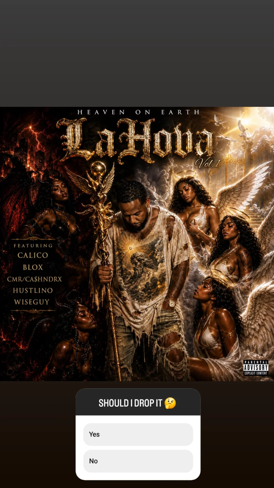 Cover art for La Hoya album featuring five people with fantasy and fiery background elements.