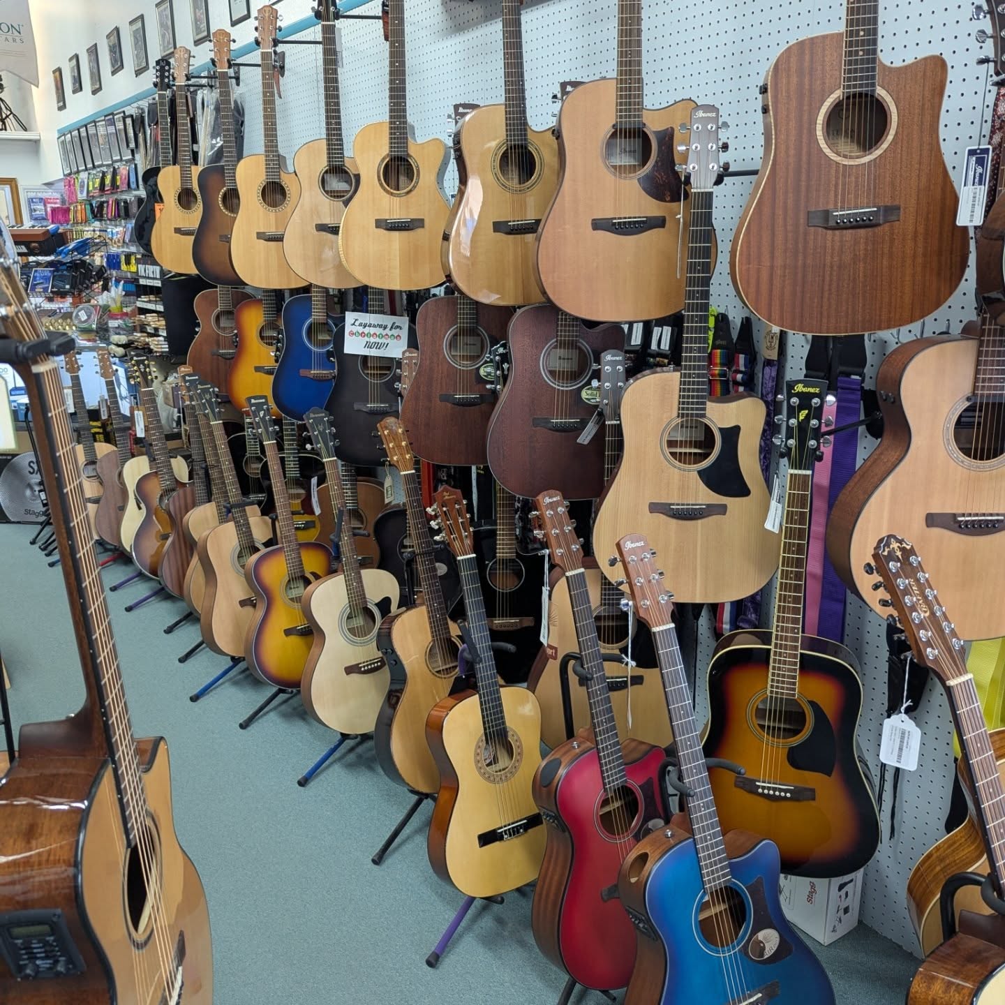 Multiple acoustic guitars hanging on a store wall, arranged in rows with various sizes and colors.