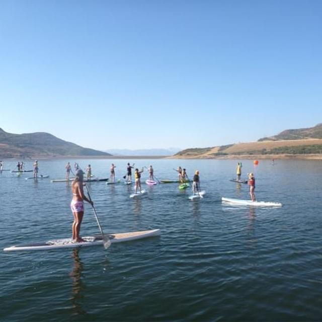 People stand on paddleboards across a calm lake surrounded by low hills.