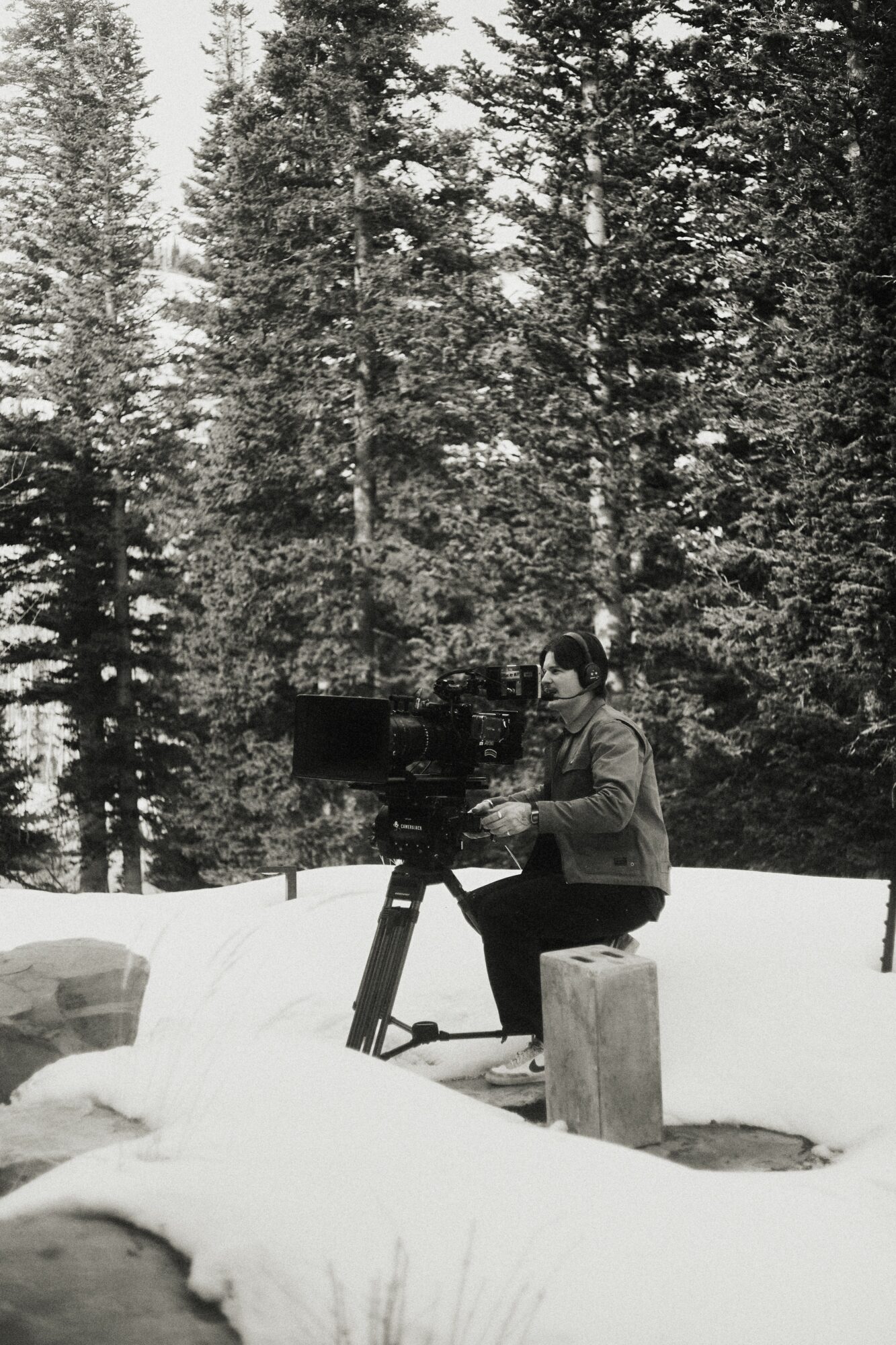 Person sitting outdoors in snowy landscape with tall trees in background.