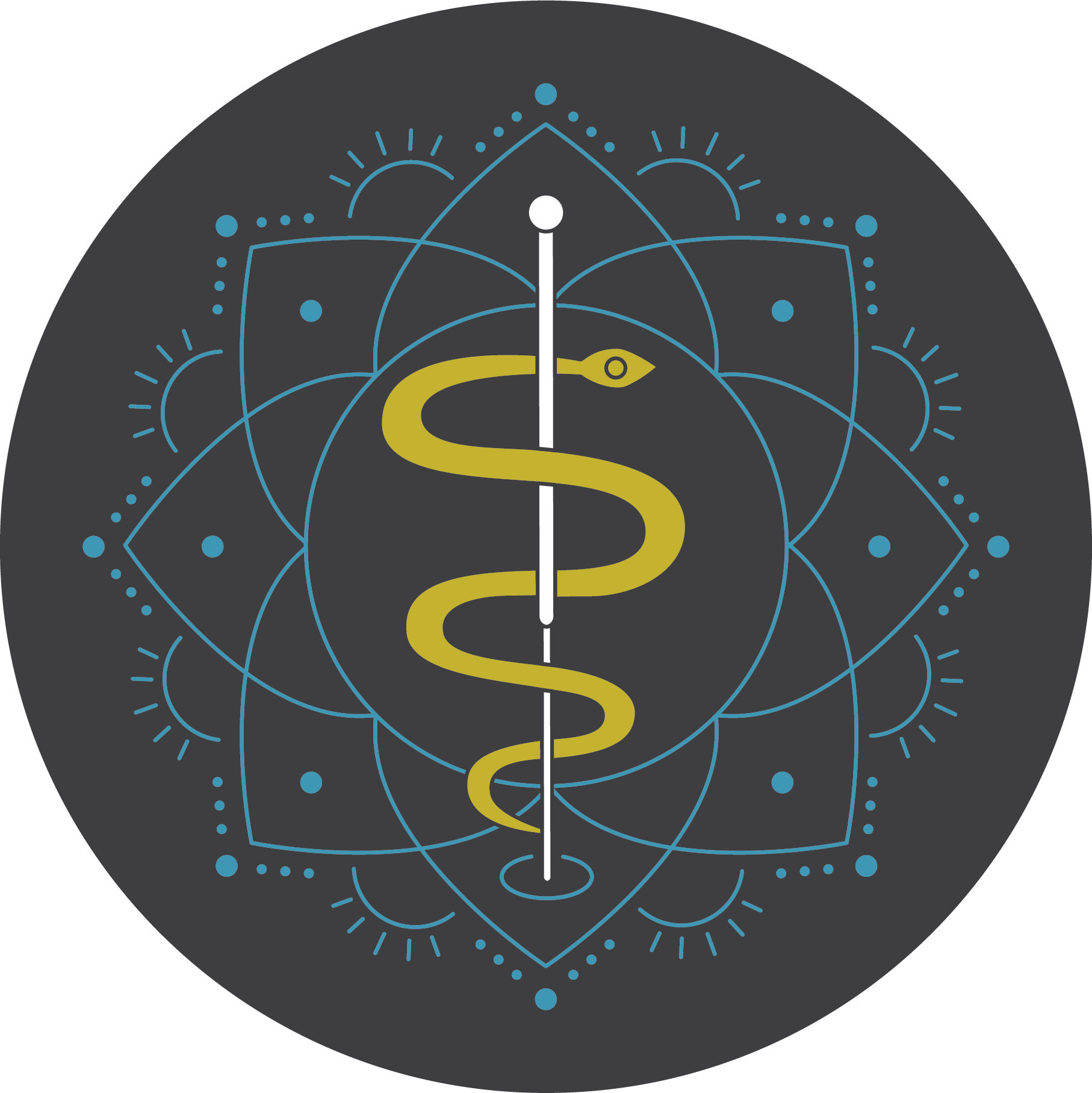 Medical symbol with a snake wrapped around a staff, surrounded by atomic-like lines and geometric patterns, on a dark background.