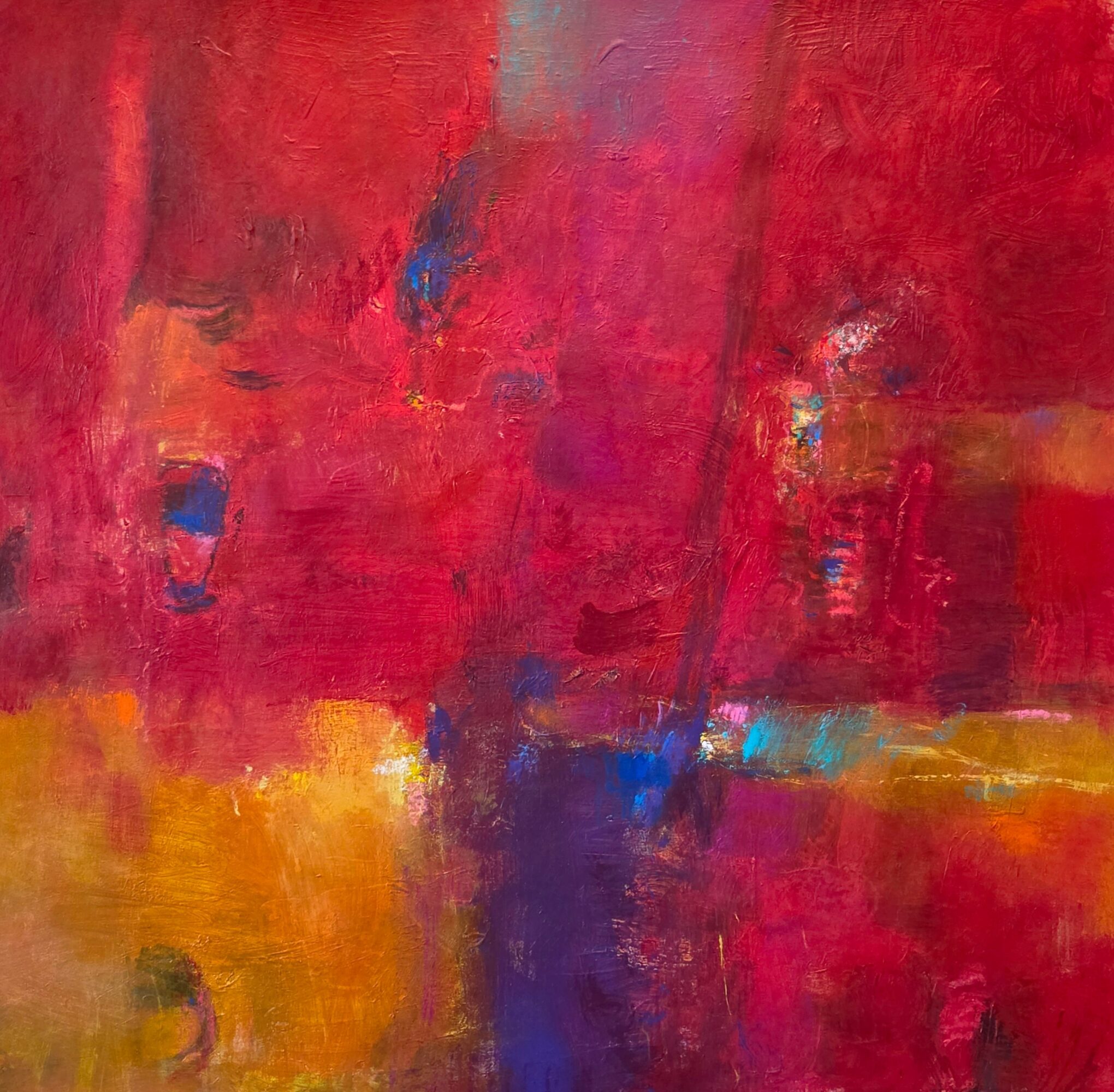 Abstract painting with layered red, pink, orange, yellow, and blue brushstrokes.