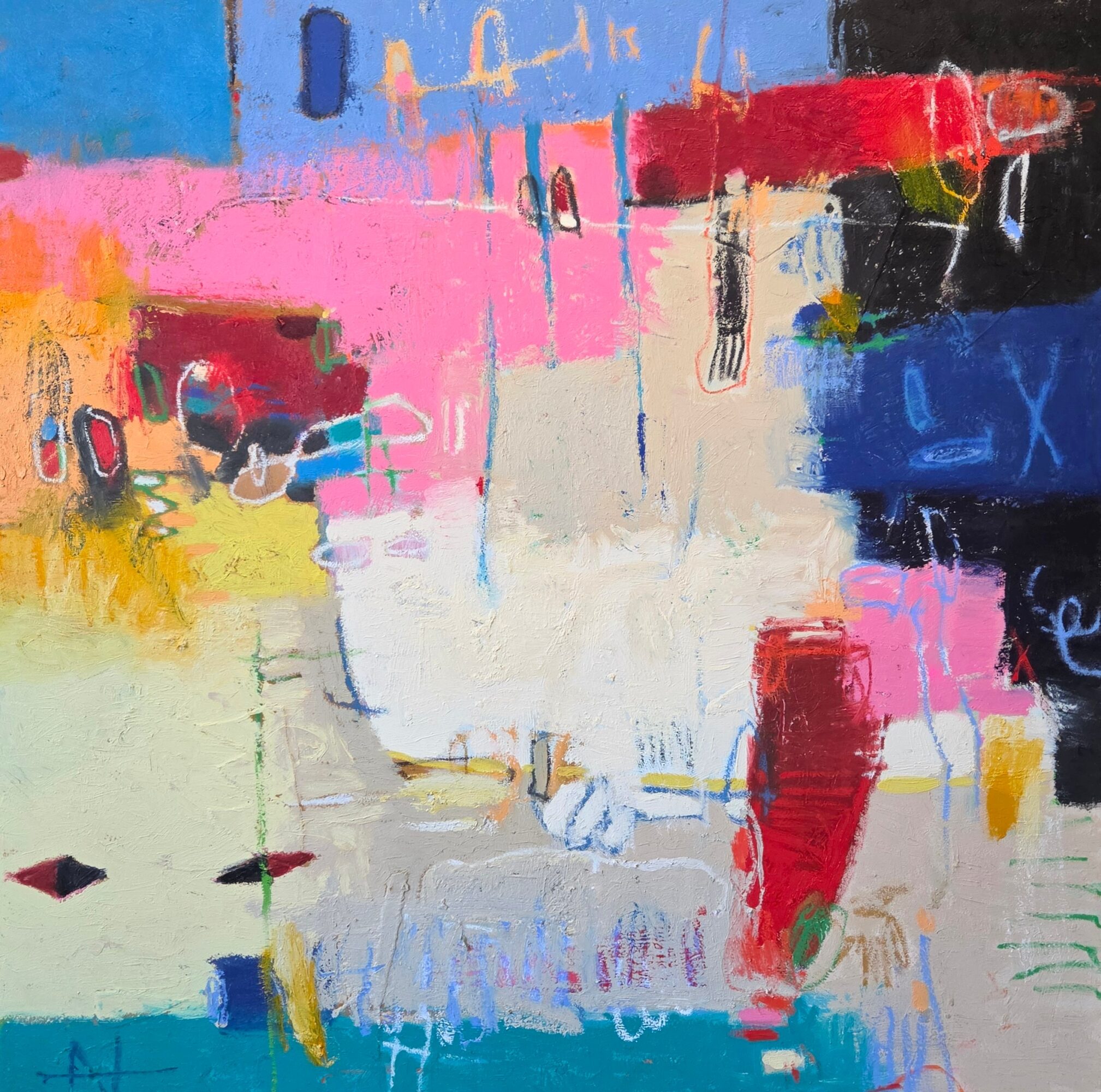 Abstract painting with layered pink, blue, cream, and red shapes and loose dark markings.