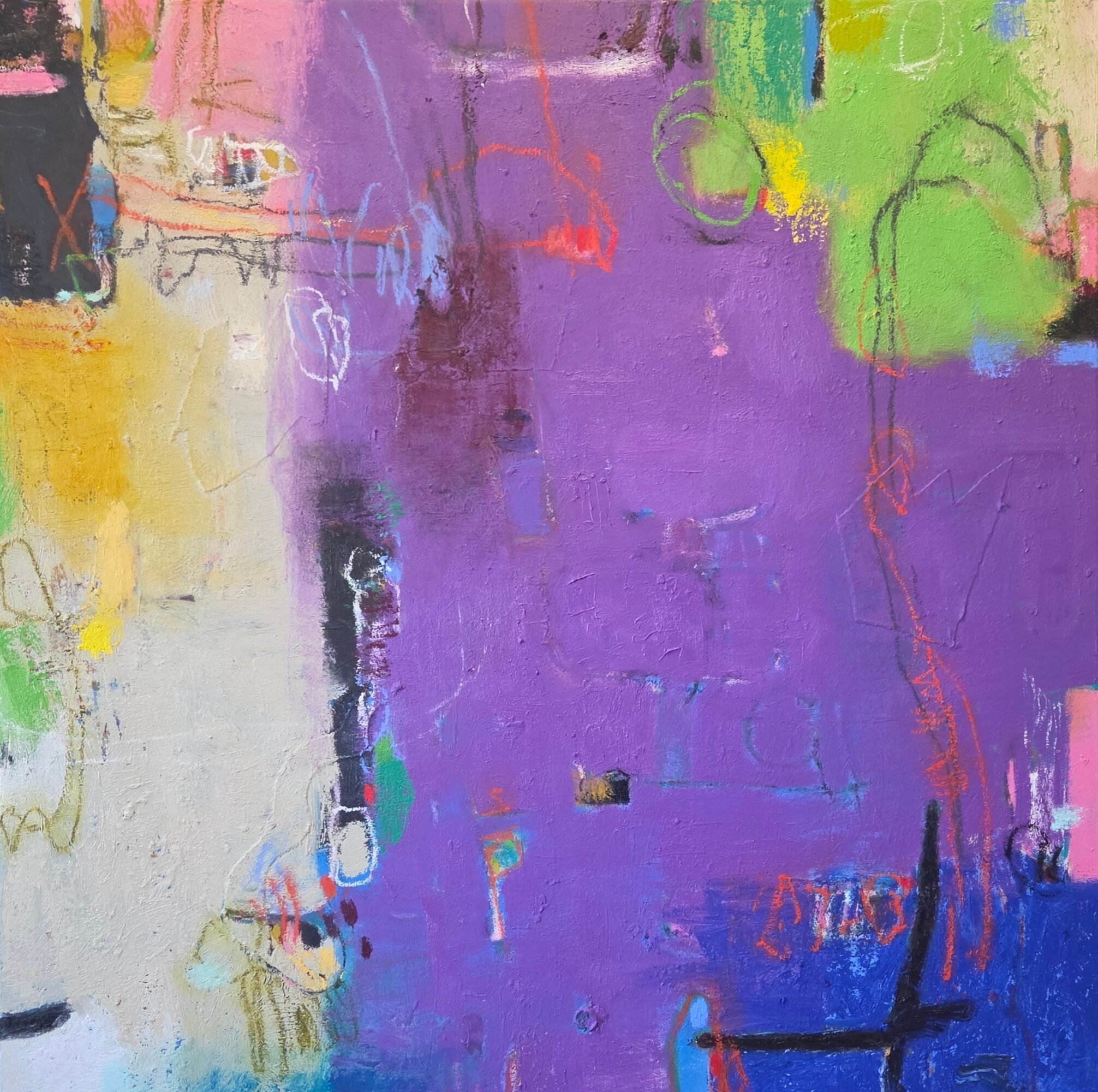 Abstract painting with textured purple, green, yellow, and blue areas and scattered lines.