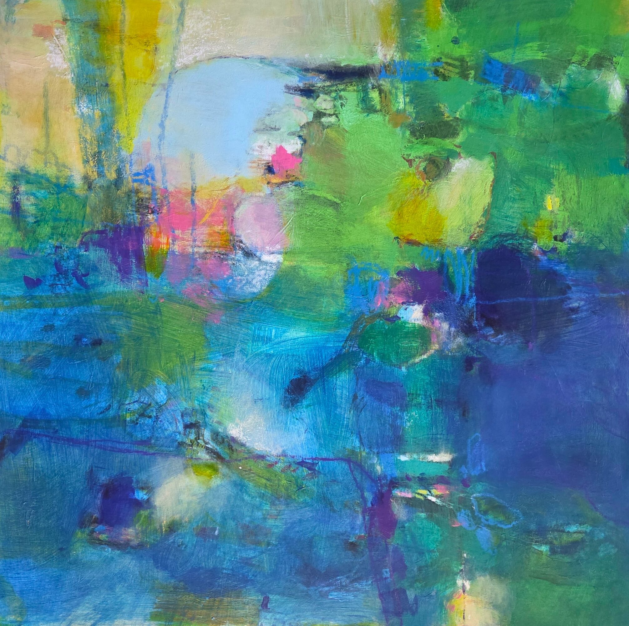Abstract painting with layered blue, green, yellow, and pink brushstrokes.