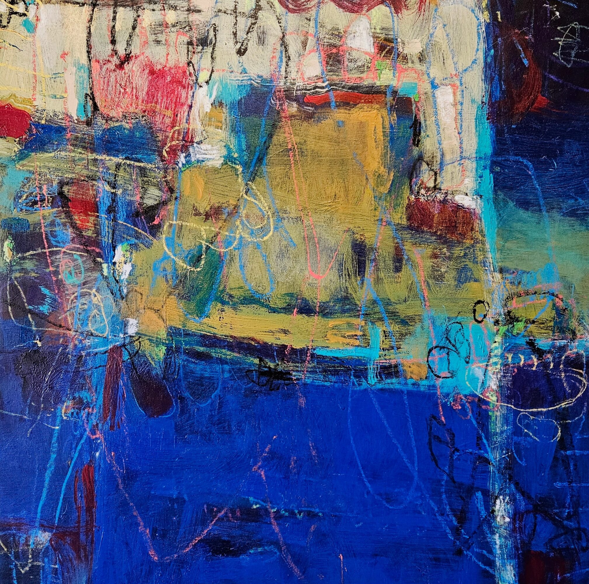 Abstract painting with layered blue, yellow, red, and white brushstrokes and overlapping lines.