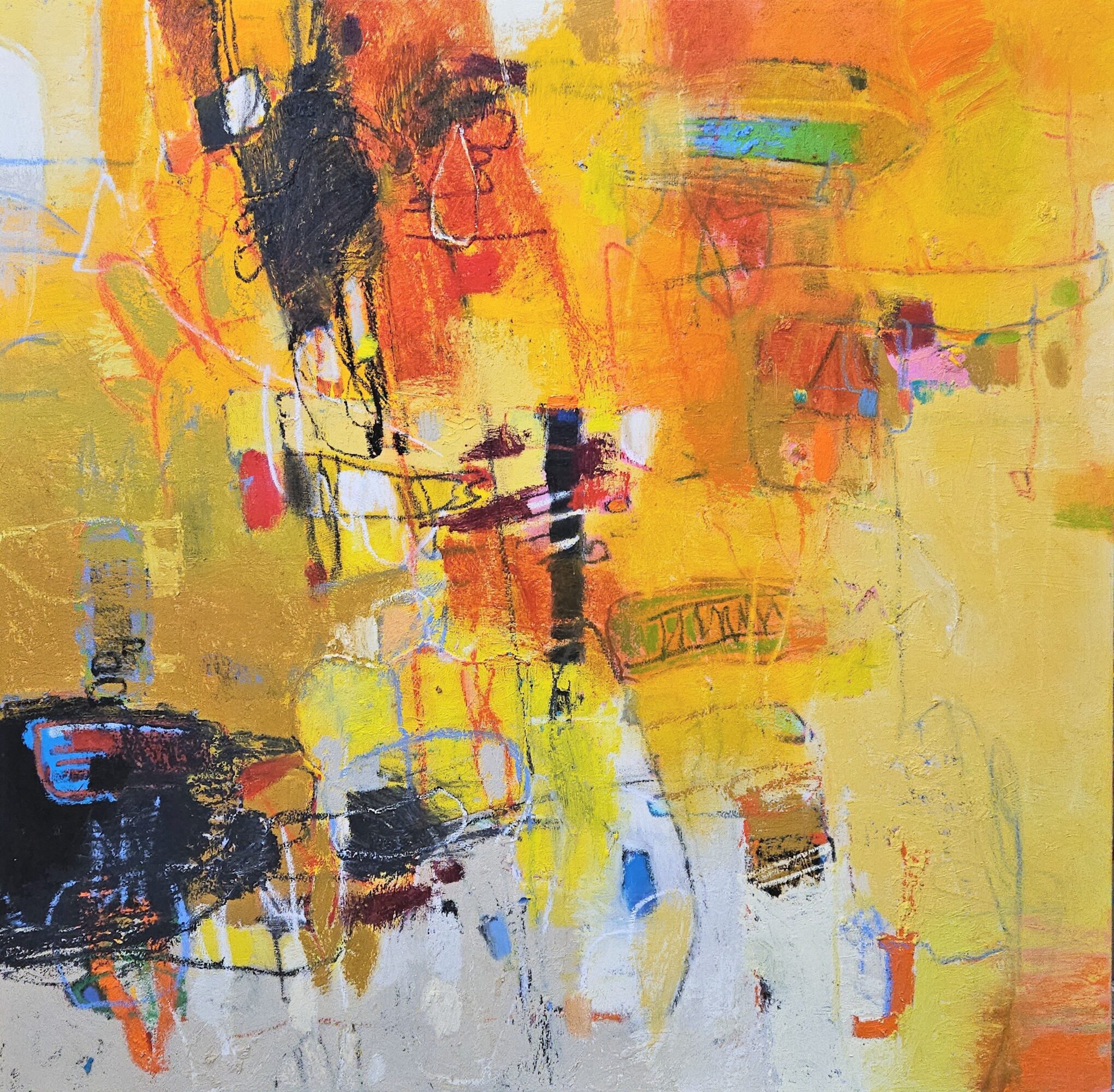 Abstract painting with layered yellow, orange, black, blue, and white brushstrokes.