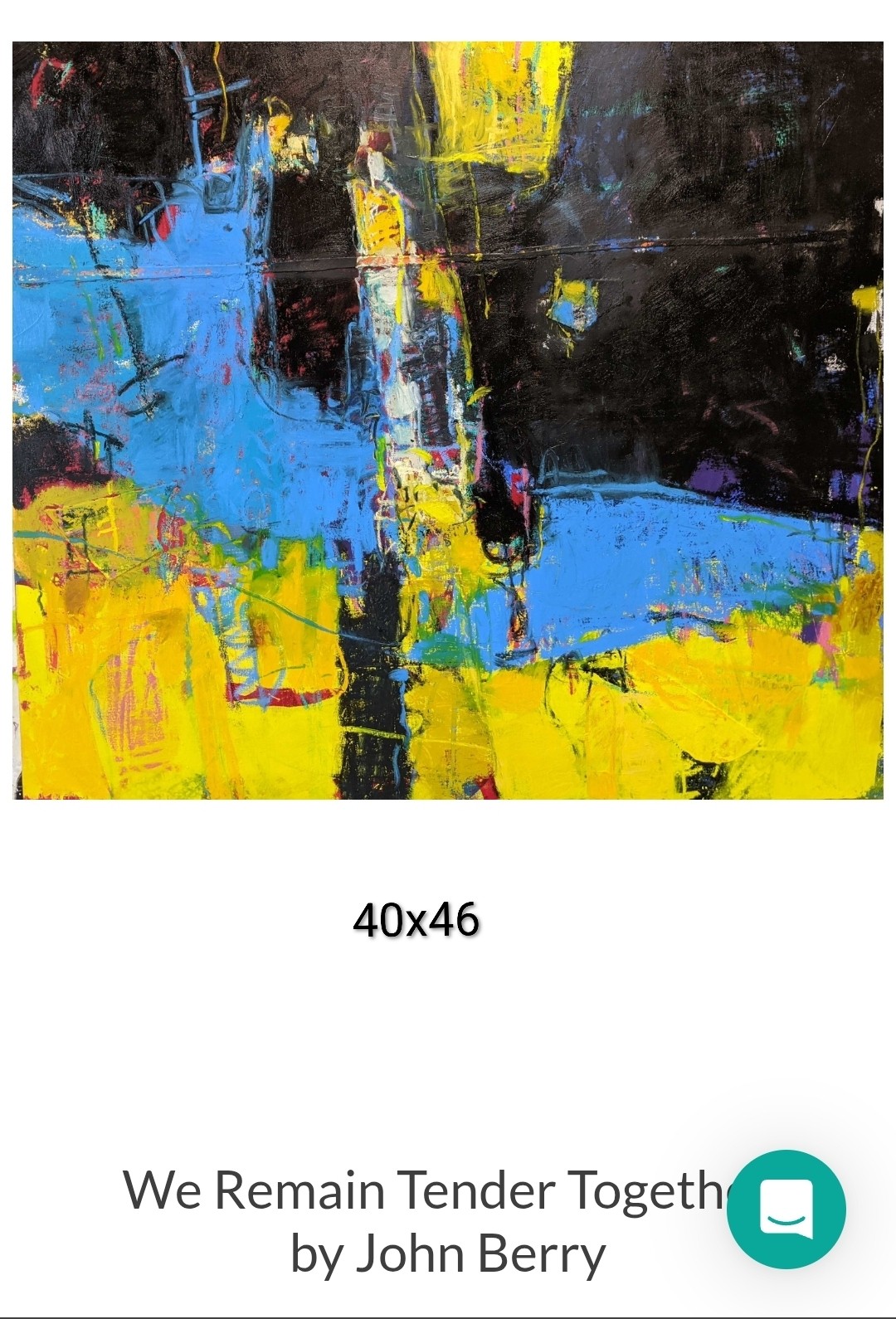 Abstract painting with blue, yellow, and black areas, displayed above the title “We Remain Tender Together” by John Berry.