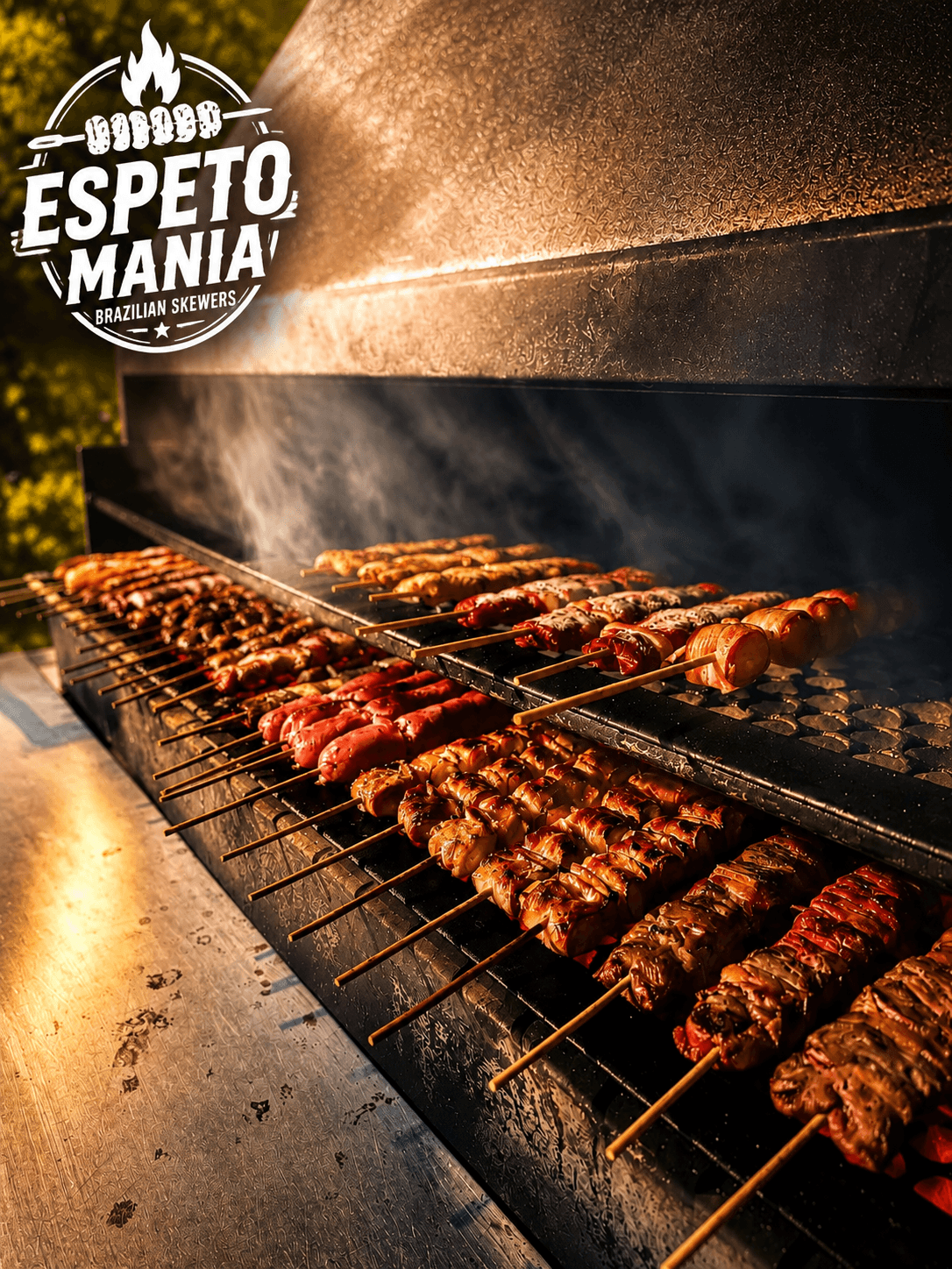 Rows of skewered meat cook on a smoky grill beneath a “Espeto Mania” logo.