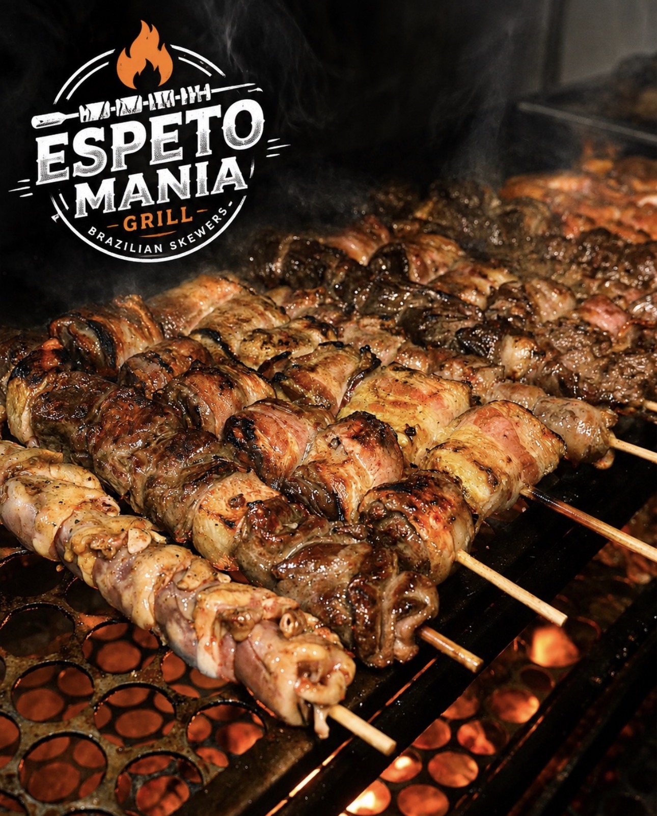 Rows of grilled meat skewers cook over glowing coals beneath an Espeto Mania Grill logo.