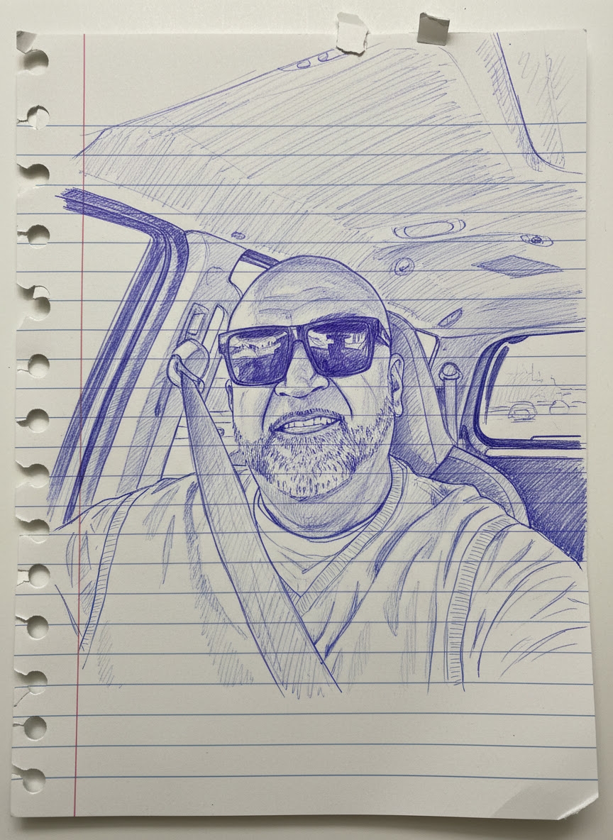 Blue-ink drawing of a bearded person wearing sunglasses and a seat belt inside a vehicle.