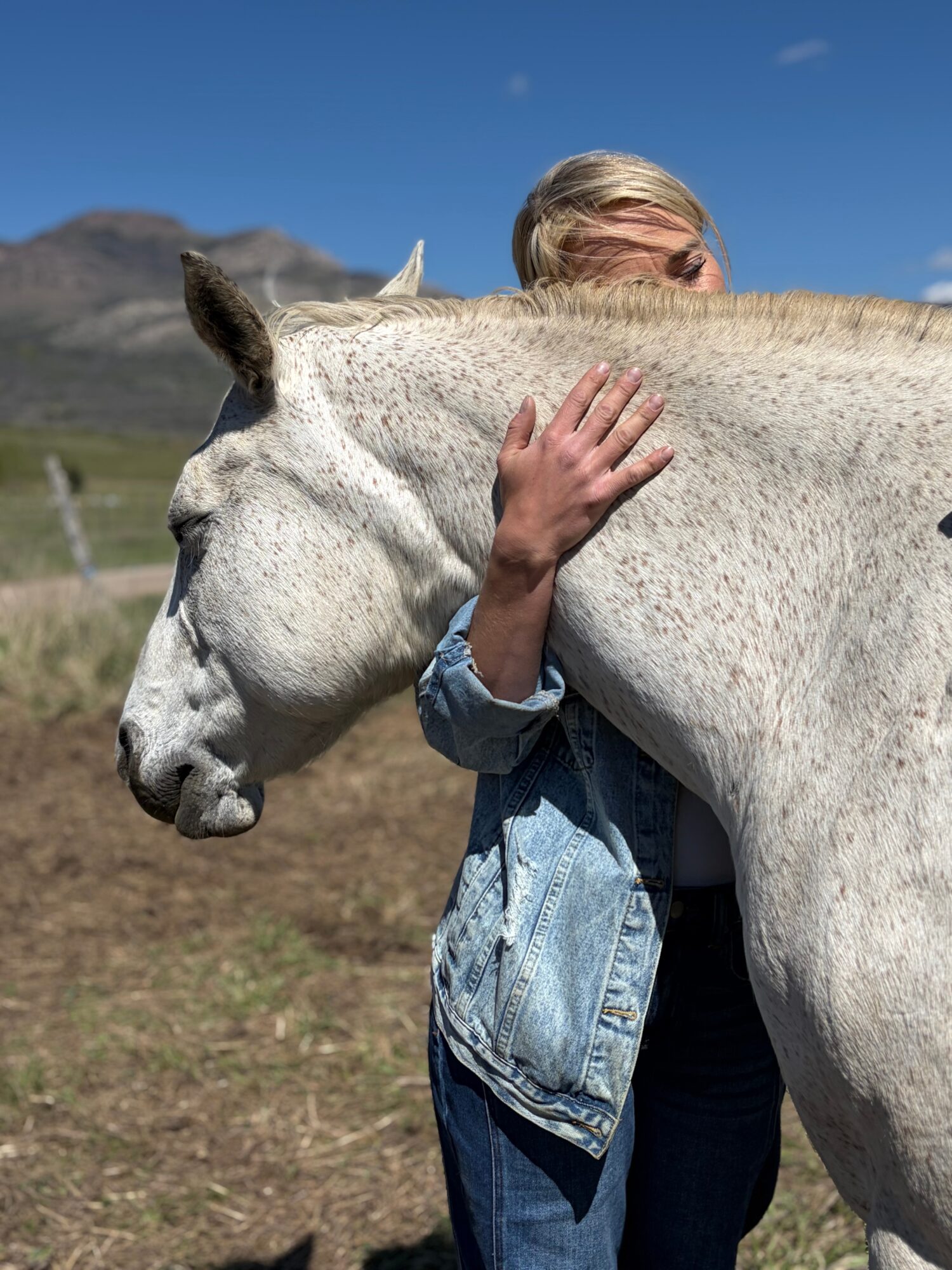 A person hugs a light gray horse in a dry field with mountains under a blue sky.