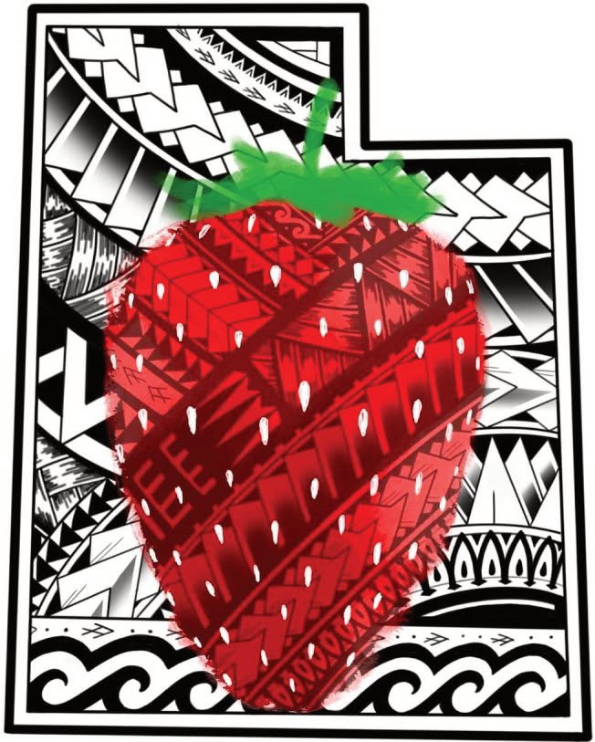 A red strawberry with green leaves overlays a black-and-white geometric patterned background.